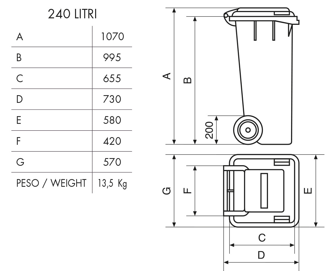 Bidone Carrellato Raccolta Differenziata Bicolore 240lt + Kit Pedale Mobil Plastic 4 Pezzi
